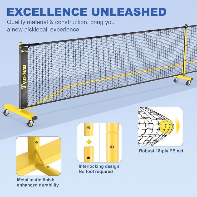 Pickleball Net Set, Pickleball Net on Wheels for Driveway Backyard, 22FT Regular Size, 4 Pickleball Paddles & 6 Balls, 12 Court Markers, 1 Carry Bag, Pickleball Set for Indoor Outdoor Play