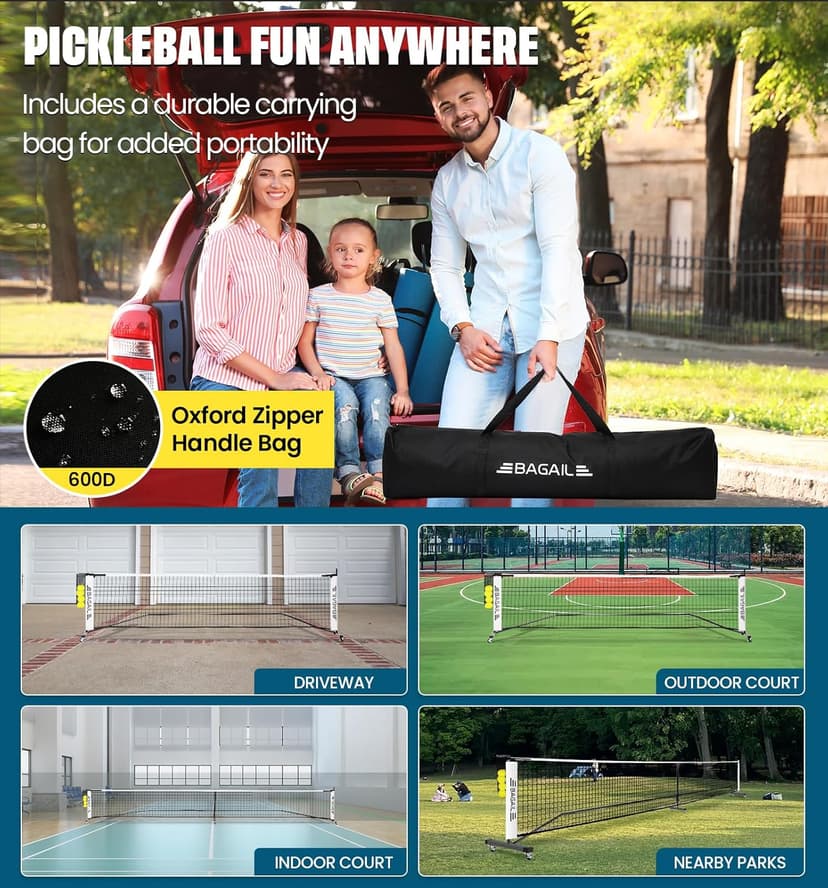 BAGAIL Portable Pickleball Net Set with Wheels, 22 FT Regulation Size & 11 FT Half Court Size 2-in-1 Pickle Ball Net with Ball Collector, Carry Bag, 4 Pickle Balls, Easy Setup for Outdoor Indoor