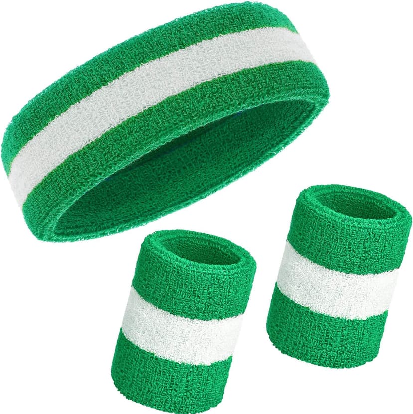 Bememo 6 Pcs Neon Striped Sports Sweatbands Set Include 2 Headbands, 4 Wristbands Terry Cloth Athletic Bands for Men, Women, Gym, Sports, Lgbt Pride Parade