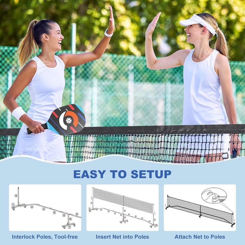 Pickleball Net Set, Portable Pickleball Set w/Wheels, 11ft & 22ft Regulation Size Pickel Ball Net, Set of 4 Balls and Paddles, Heavy Duty Frame for Backyard Driveway Outdoor