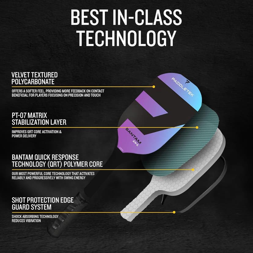 Paddletek Bantam EX-L Pickleball Paddle | Professional Pickleball Paddles with Honeycomb Core, Polycarbonate Surface, Bantom PolyCore & High Tack Performance Grip | USAPA Approved