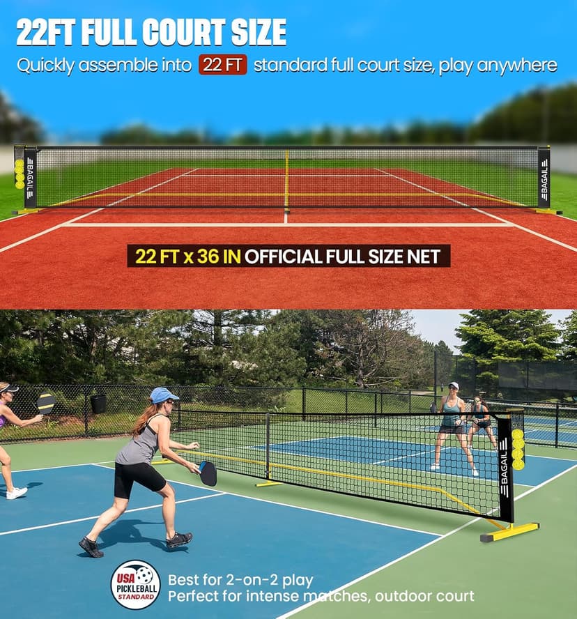 BAGAIL Portable Pickleball Net Set, 22 FT Regulation Size Pickle Ball Net with Ball Collector, Carry Bag, Easy Setup for Outdoor Indoor Driveway - Red