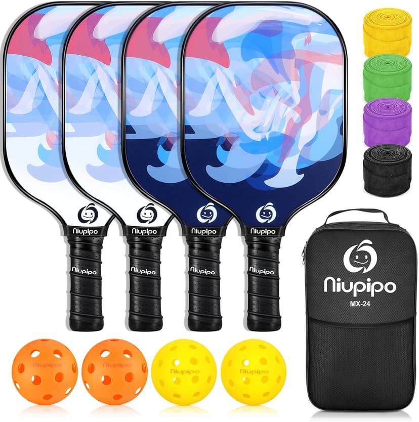 niupipo Pickleball Paddles Set of 2/4, USAPA Approved Fiberglass Surface Lightweight Pickle Ball Rackets with Honeycomb Core, 2 Indoor and 2 Outdoor Balls, 1 Carrying Bag for Beginner, Men, Women