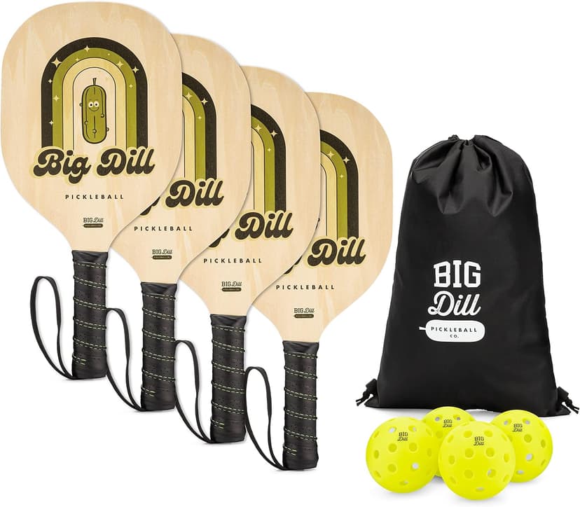 Big Dill Pickleball Superstar Pickle Ball Paddle Set of 4 Wooden Paddles — Pack of 4 Pickleball Paddles Set, 4 Pickleball Balls & Bag for Pickle Ball Rackets, Beginner Pickleball Racket Sets