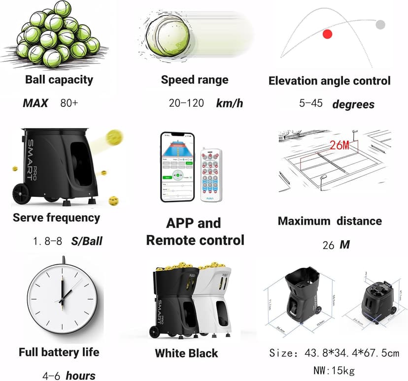 PP-Smart Pro Pickleball Machine – Large Capacity, Long Battery Life, Precise Ball Placement, Adjustable Speed and Spin, Smart Programming, Ideal for Training All Skill Levels