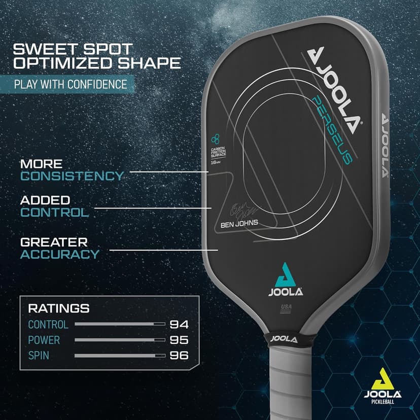 JOOLA Ben Johns Perseus Pickleball Paddle with Charged Surface Technology for Increased Power & Feel - Fully Encased Carbon Fiber w/Larger Sweet Spot - USAPA Approved