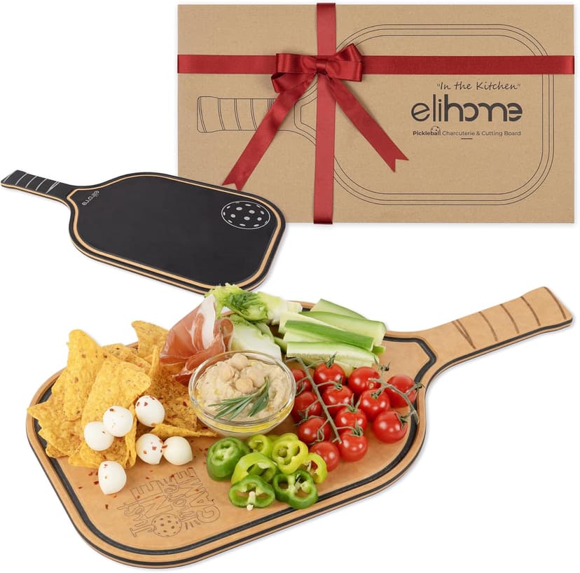 Pickleball Charcuterie & Cutting Board, Pickleball Gifts for Women Men, Wood Fiber 16 x 8.5, Paddle Shape with Handle, Dishwasher Safe, Reversible Design, Juice Groove "Just One More Game"
