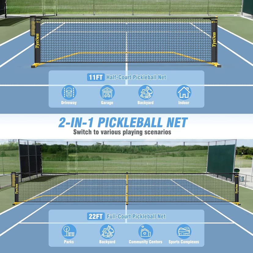 Portable Pickleball Net for Driveway, 22 FT Regulation Size & 11 FT Half Court Size Pickle Ball Net with Ball Collector, 2-in-1 Pickle Ball Net with Carry Bag for Garages Backyard