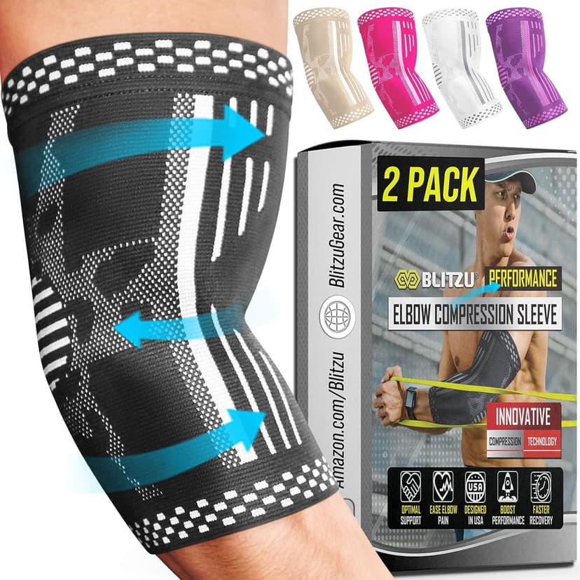 BLITZU 2 Pack Elbow Compression Sleeve, Tennis Elbow Brace Support for Golfer's, Arthritis, Bursitis & Tendonitis Treatment & Pain. Great for Gym Workout, Weightlifting. Black Large.