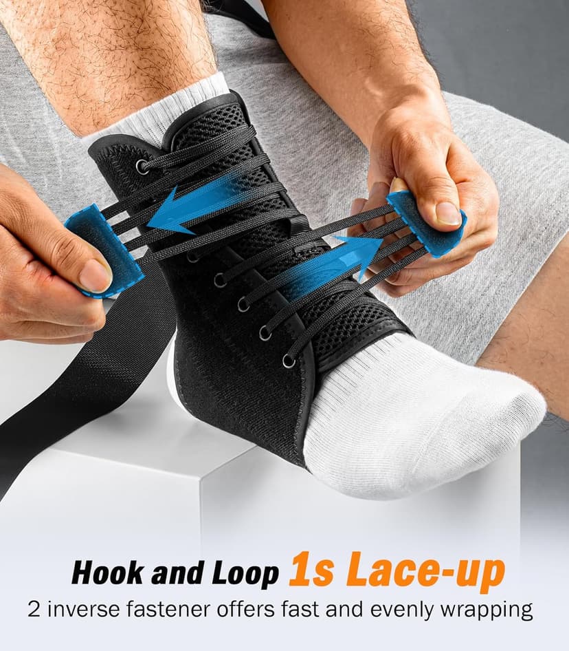 Slim-Fit Ankle Brace for Sprained Ankle, Quick Lace Up Ankle Support for Women Men With 2 Auto-Shaped Pads, Air Fabric Cool Ankle Stabilizer for Injury Recover, Running,Sports, M(12”-13”)