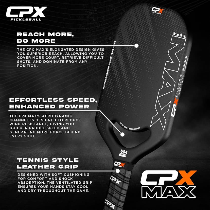 CPX MAX Black Raw Carbon Fiber T700 Pickleball Elongated Paddle Racket - Professional Grade, 14mm Core Thickness, Comfortable Tennis Style Grip - Durable Designed in Chicago, USA