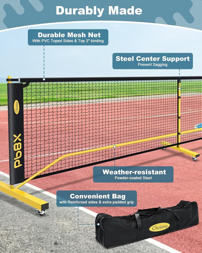 Pickleball Net Set, Portable Pickleball Set w/Wheels, 11ft & 22ft Regulation Size Pickel Ball Net, Set of 4 Balls and Paddles, Heavy Duty Frame for Backyard Driveway Outdoor