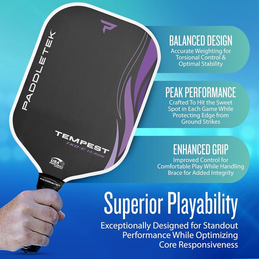 Paddletek Tempest TKO-C 14.3mm - Professional Pickleball Paddles with Polymer Honeycomb Core - PT-700 Unidirectional Carbon Fiber – Torsional Weighting & High Tack Performance Grip - USAPA Approved
