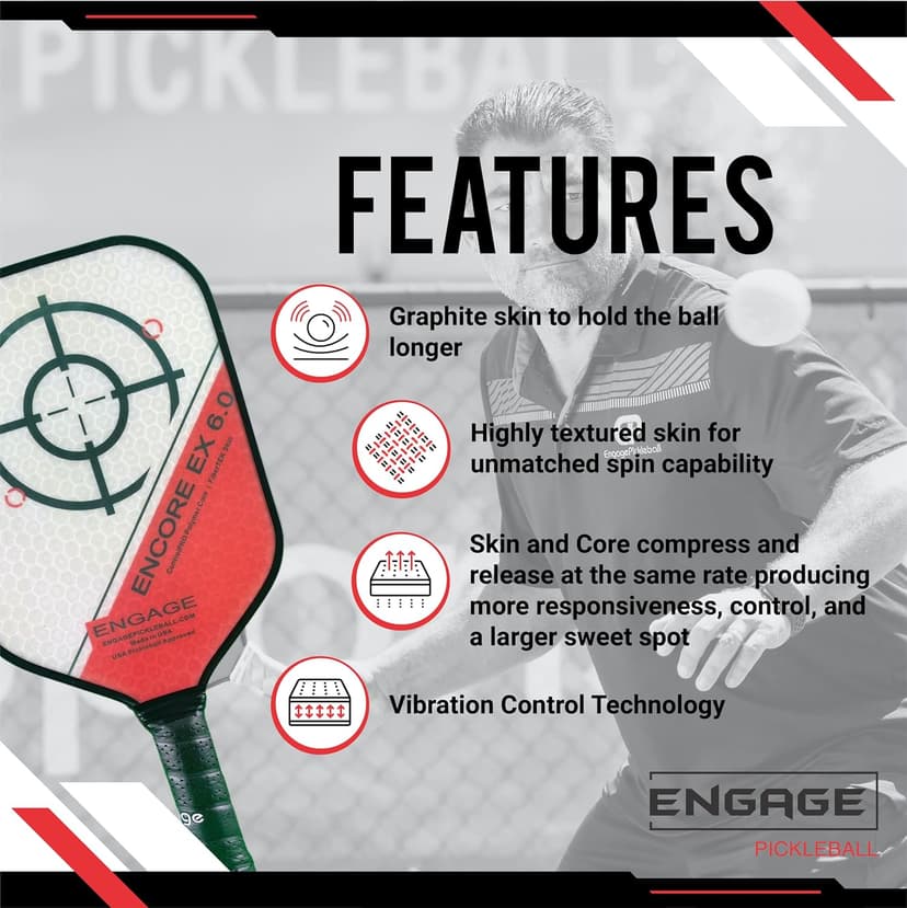 Engage Encore EX 6.0 Pickleball Paddle | USAPA Approved | Textured FiberTEK High Compression Fiberglass Face & ControlPRO II Polymer Core