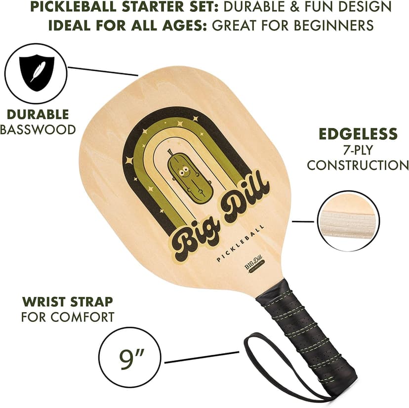 Big Dill Pickleball Superstar Pickle Ball Paddle Set of 4 Wooden Paddles — Pack of 4 Pickleball Paddles Set, 4 Pickleball Balls & Bag for Pickle Ball Rackets, Beginner Pickleball Racket Sets