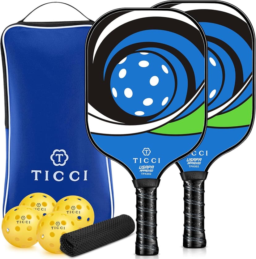 T TICCI Pickleball Paddles Set of 2, USAPA Approved Fiberglass Pickle Ball Paddles with 4 Pickleballs, Lightweight Rackets for Adults & Kids, Includes Carry Bag & Net Bag for Men, Women, Beginners,