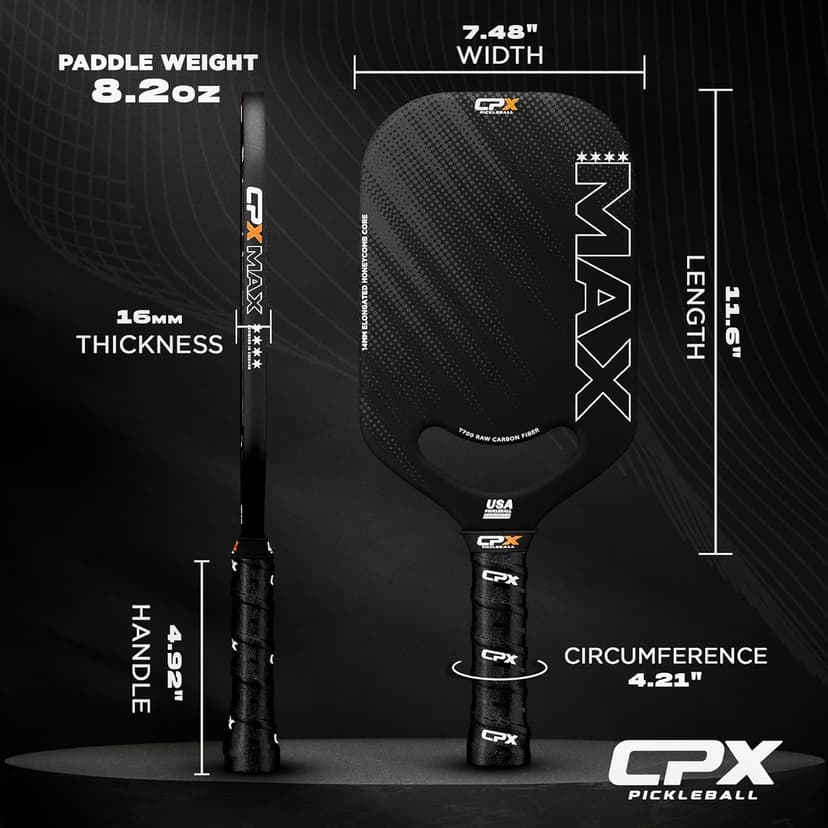 CPX MAX Black Raw Carbon Fiber T700 Pickleball Elongated Paddle Racket - Professional Grade, 14mm Core Thickness, Comfortable Tennis Style Grip - Durable Designed in Chicago, USA