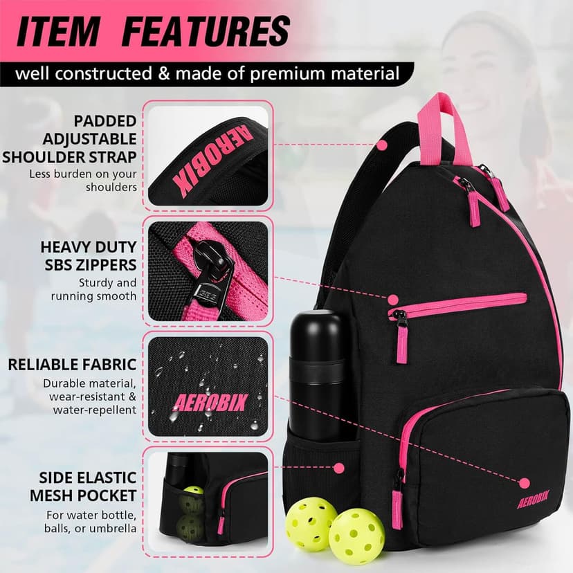 AEROBIX Pickleball Bag for Women & Men, Pickle Ball Backpack - Upgraded Zippers, Large Capacity, Padded Paddle Pocket, Adjustable Sling Bag (No Accessories)