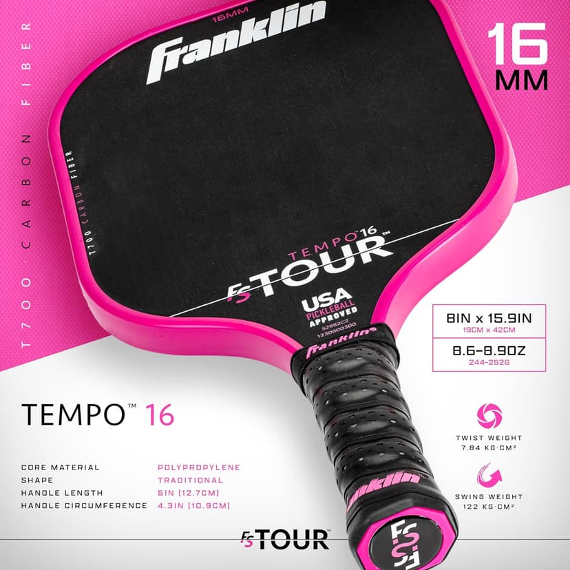 Franklin Sports Pro Pickleball Paddle Set - FS Tour Series Carbon Fiber Paddle, Cover + Eraser - 14mm + 16mm