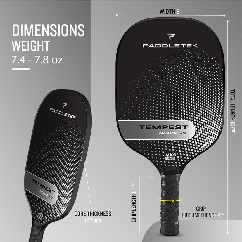 Paddletek Tempest Wave V3 Pickleball Paddle | Professional Pickleball Paddles with Polymer Honeycomb Core, ICED Carbon Fiber Surface, Tempest PolyCore & High Tack Performance Grip | USAPA Approved