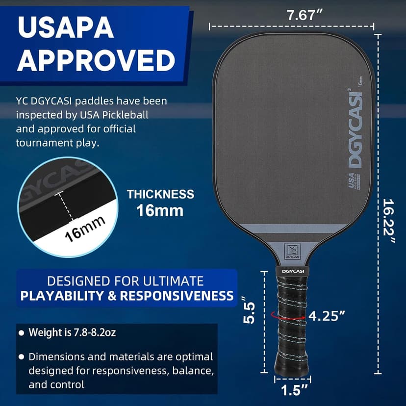 YC DGYCASI 16mm Pickleball Paddles Professional, 2025 USAPA Approved T700 Carbon Fiber Surface Pickle Paddle(CFS), Polypropylene Lightweight Honeycomb Core, Cushion Comfort Grip, with Cover Case Black