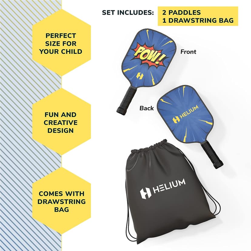 Helium Pickleball Paddle for Kids – Child Size Paddle for Children 12 and Under, Lightweight Honeycomb Core, Graphite Strike Face, Pickleball Paddle & Drawstring Bag - POW!