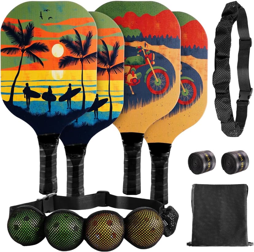 Pickleball Paddles Set of 4 with 4 Premium 9-Ply Basswood Paddles & 4 Pickleballs & 2 Handle Grips Tape & 2 Pickleball Belts & Carry Bag for Beginners Men Women Adults(New Version)
