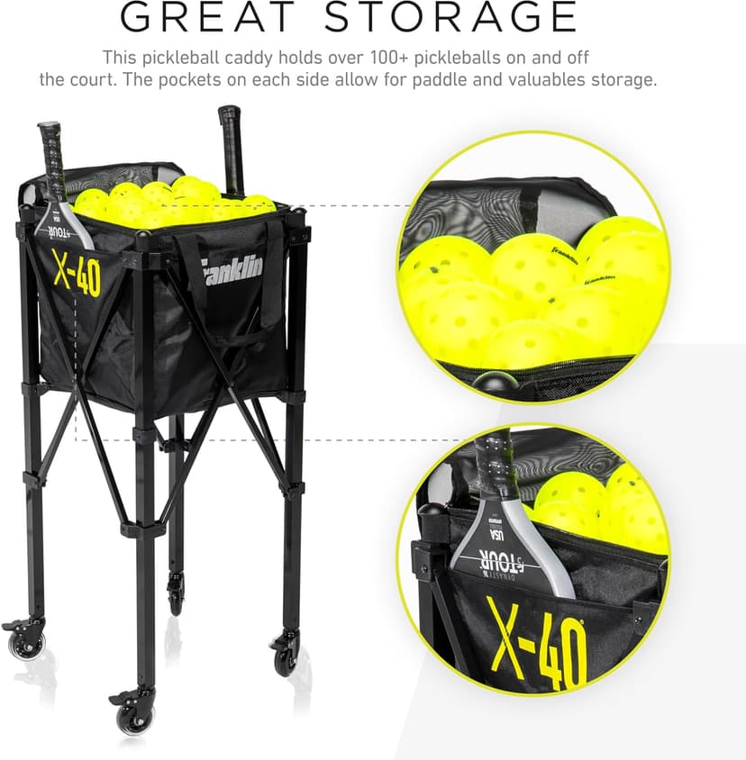 Franklin Sports Portable Pickleball Hopper + Carry Bag - (100) Ball Pickleball Caddy + Travel Basket with Wheels - Easy Storage + Transportation to Court - Easy Assembly + Durable Construction