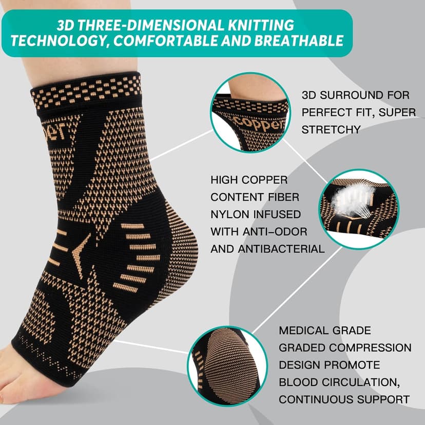 INDEEMAX Ankle Brace for Women & Men, Ankle Compression Sleeve Support Copper Infused Ankle Brace for Sprained Ankle, Plantar Fasciitis Sports, Achilles Tendonitis Pain Relief, Copper Black, M