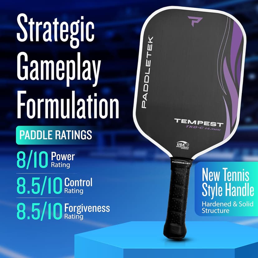 Paddletek Tempest TKO-C 14.3mm - Professional Pickleball Paddles with Polymer Honeycomb Core - PT-700 Unidirectional Carbon Fiber – Torsional Weighting & High Tack Performance Grip - USAPA Approved