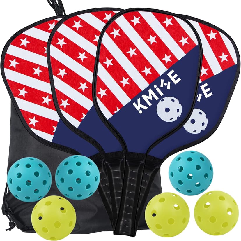 Kmise Pickleball Paddles Set of 4, 7.8oz Lightweight 9-ply Premium Wood Pickleball Racquet with 6 Indoor Outdoor Balls and Bag, Ergonomic Cushion Grip Pickleball Paddles Gifts for Men Women