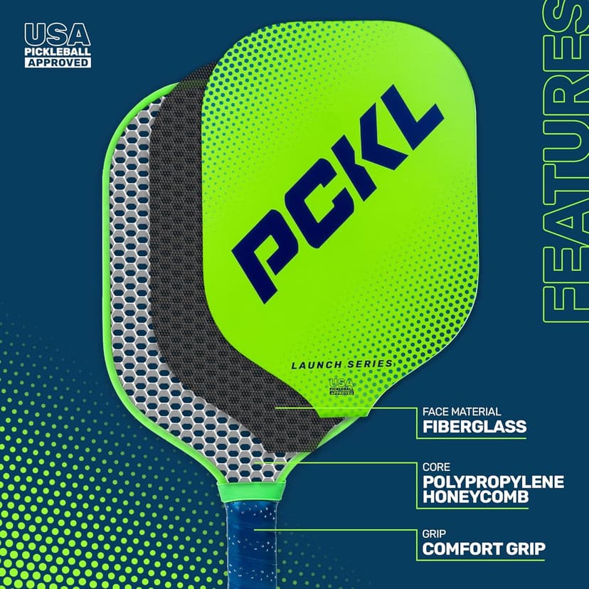 PCKL Launch Series Premium Pickleball Paddle Racket | USA Pickleball Approved | Fiberglass Face with Large Sweet Spot | Honeycomb Core