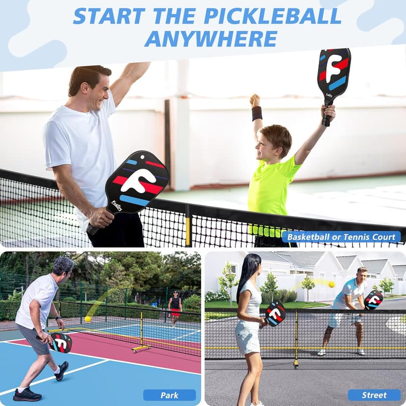 Fostoy Portable Pickleball Net with Wheels, Pickleball Set with 4 Fiberglass Paddles & 6 Pickleballs, Carry Bag, for Backyards Driveways and Garages