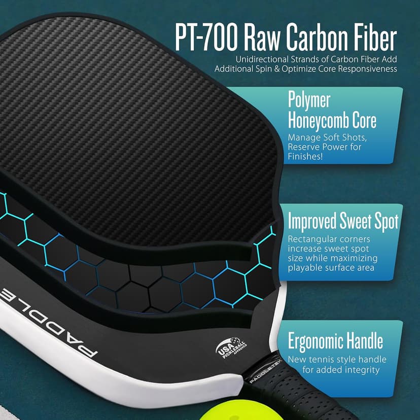 Paddletek Tempest TKO-C 14.3mm - Professional Pickleball Paddles with Polymer Honeycomb Core - PT-700 Unidirectional Carbon Fiber – Torsional Weighting & High Tack Performance Grip - USAPA Approved