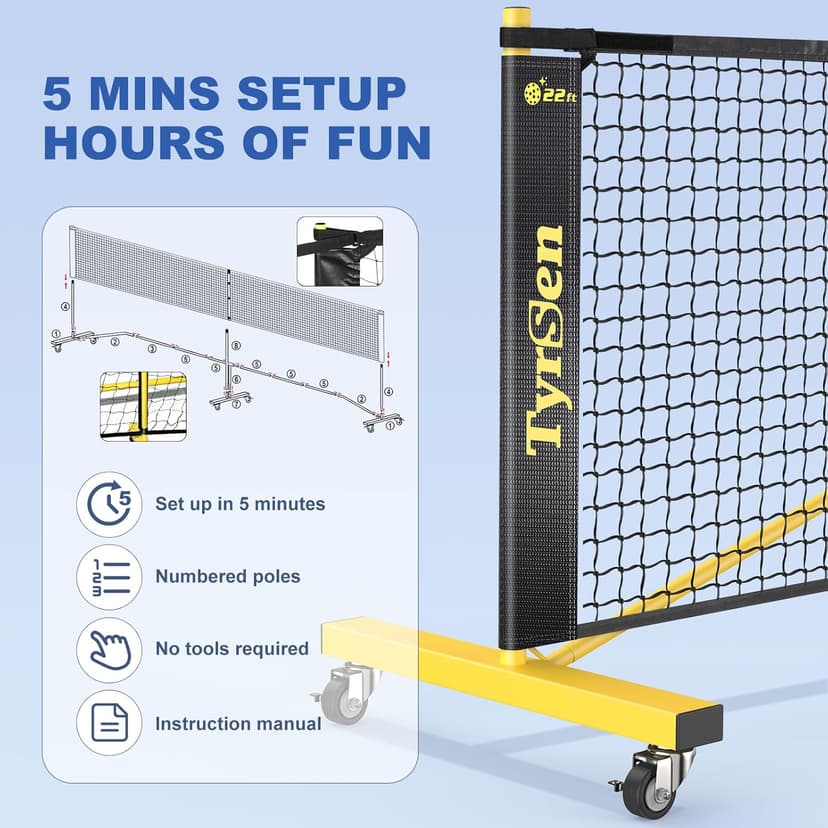 Pickleball Net Set, Pickleball Net on Wheels for Driveway Backyard, 22FT Regular Size, 4 Pickleball Paddles & 6 Balls, 12 Court Markers, 1 Carry Bag, Pickleball Set for Indoor Outdoor Play