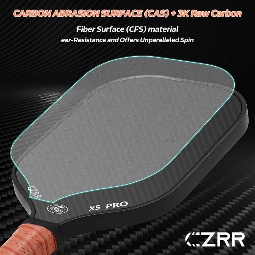 Pickleball Paddle, USA Pickleball Approved, 3K Raw Carbon Fiber Surface (CFS) High Grit & Spin, with 16MM Polypropylene Honeycomb Core, Ideal for Novice and Professional Players