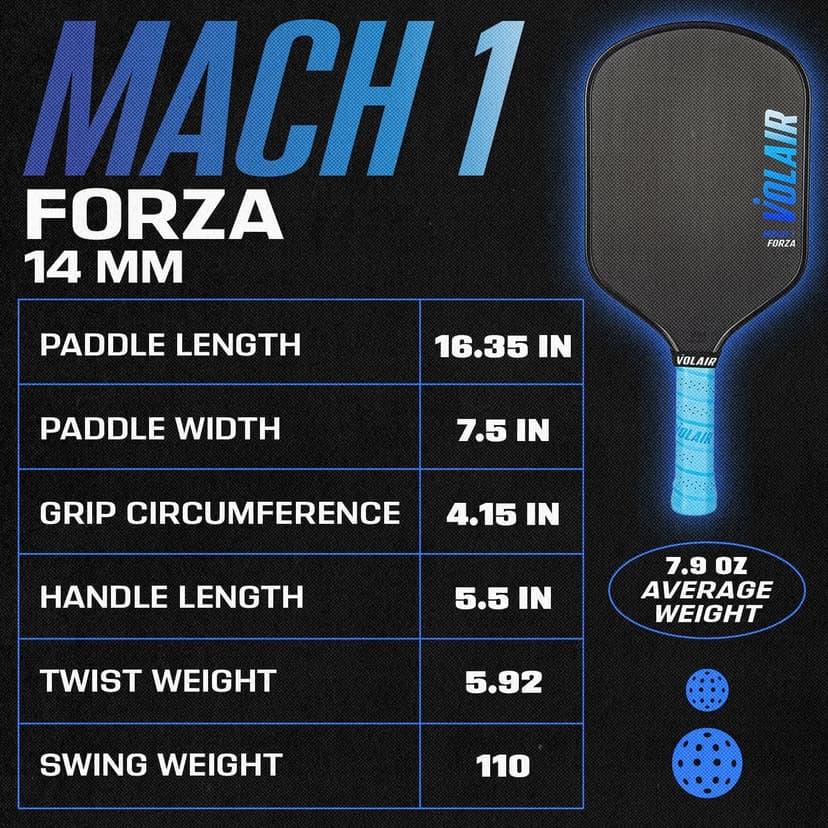 Volair Pickleball - Mach 1 Forza Paddle - for Spin, Control and Power - Toray T700 Carbon Fiber Surface - Thermoformed - Foam Injected w/Headcover, Eraser, Extra Black Grip