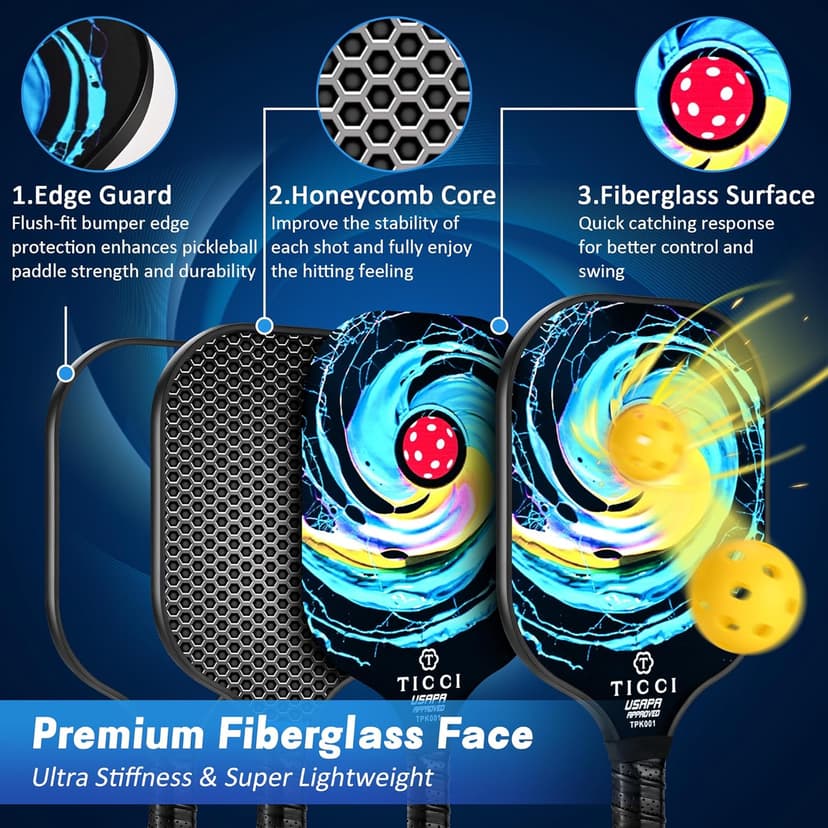 T TICCI Pickleball Paddles Set of 2, USAPA Approved Fiberglass Pickle Ball Paddles with 4 Pickleballs, Lightweight Rackets for Adults & Kids, Includes Carry Bag & Net Bag for Men, Women, Beginners,