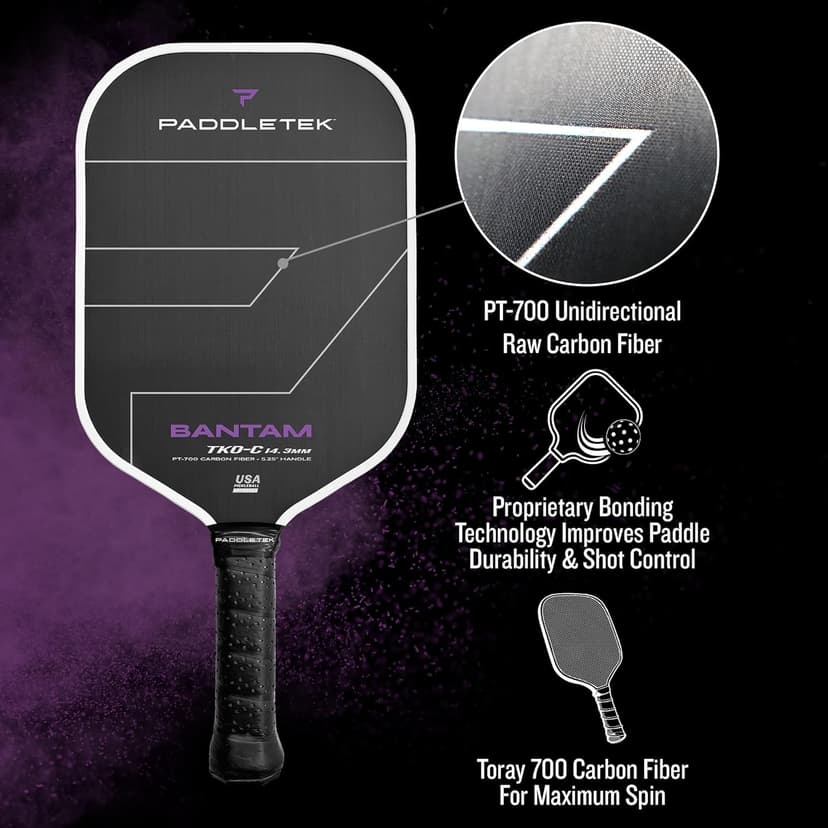 Paddletek Bantam TKO-C 14.3mm Pickleball Paddles with Polymer Honeycomb Core - Unidirectional Carbon Fiber – Torsional Weighting & High Tack Performance Grip - USAPA Approved - 5.25 Inch Handle