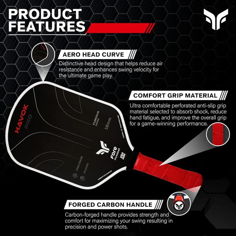 Havok Pro Pickleball Paddle: Carbon Fiber Surface for Enhanced Power, Precision and Maximum Spin - Large Sweet Spot and USAPA Approved - Red
