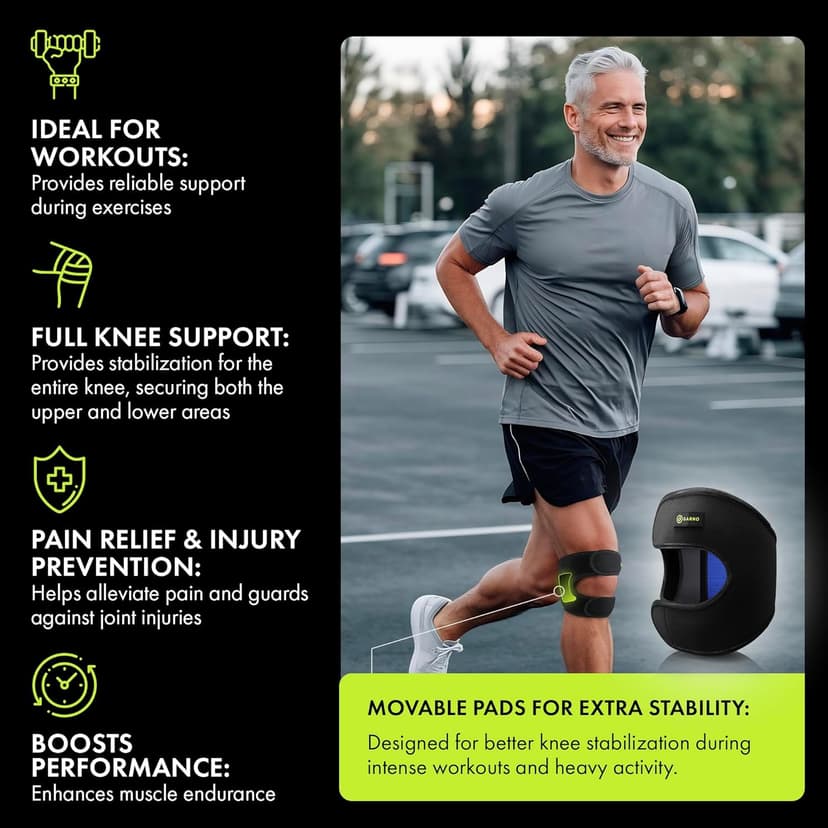 GARNO Knee Brace for Pain Relief by Meniscus Tear, MCL, Arthritis, ACL, Osgood Schlatter, Compression Patellar Tendon Support Strap for Working Out, Running, Weightlifting; Men, Women; (Large Size)
