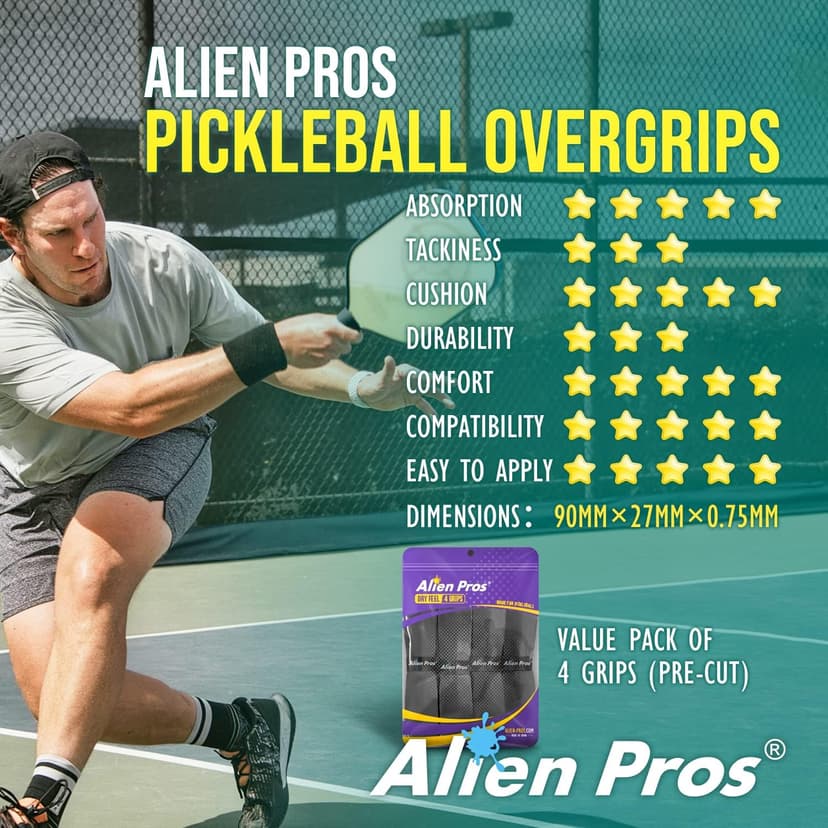 ALIEN PROS Pickleball Overgrip (4-Pack) with Ridges for Better Grip Control - Precut and Dry Feel Pickleball Grip Tape - Non-Slip Pickleball Paddle Grip Tape for High Performance