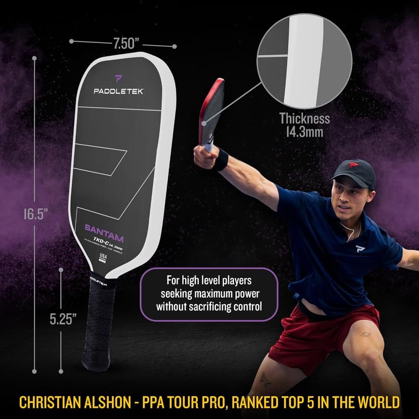 Paddletek Bantam TKO-C 14.3mm Pickleball Paddles with Polymer Honeycomb Core - Unidirectional Carbon Fiber – Torsional Weighting & High Tack Performance Grip - USAPA Approved - 5.25 Inch Handle