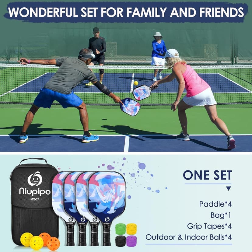 niupipo Pickleball Paddles Set of 2/4, USAPA Approved Fiberglass Surface Lightweight Pickle Ball Rackets with Honeycomb Core, 2 Indoor and 2 Outdoor Balls, 1 Carrying Bag for Beginner, Men, Women