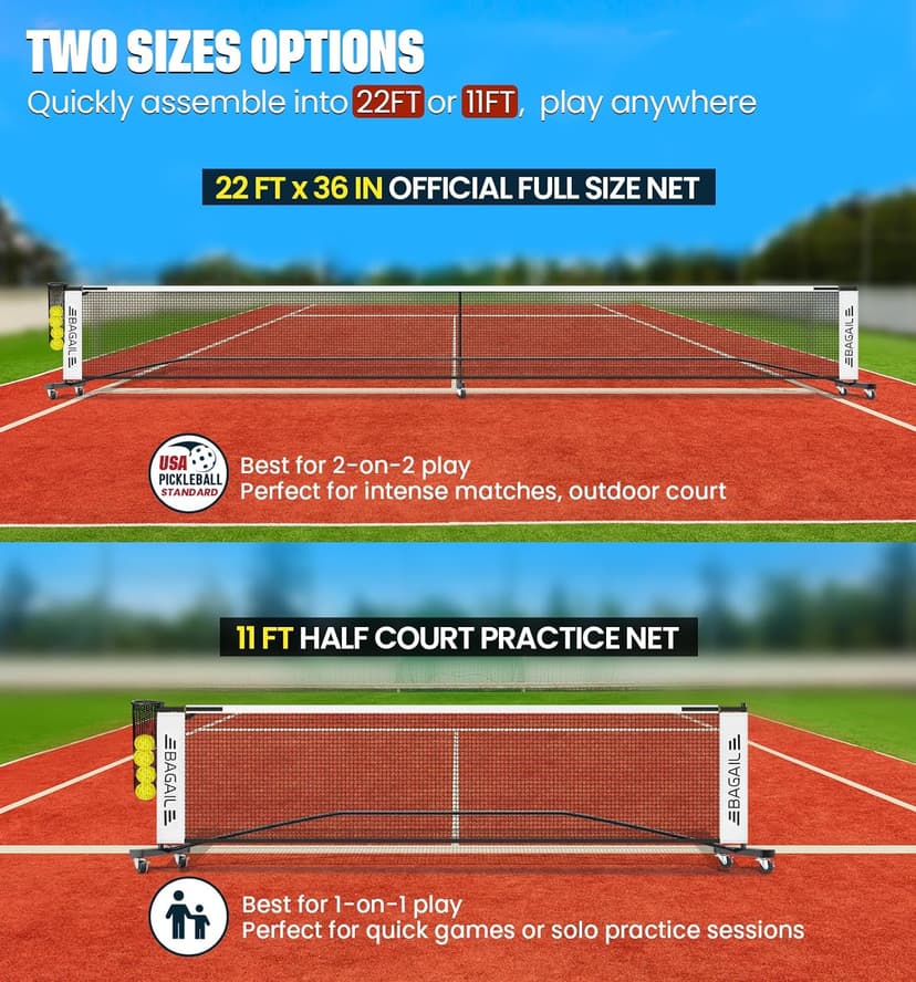 BAGAIL Portable Pickleball Net Set with Wheels, 22 FT Regulation Size & 11 FT Half Court Size 2-in-1 Pickle Ball Net with Ball Collector, Carry Bag, 4 Pickle Balls, Easy Setup for Outdoor Indoor