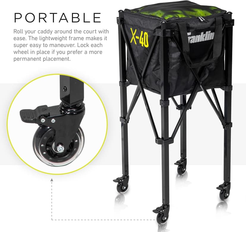 Franklin Sports Portable Pickleball Hopper + Carry Bag - (100) Ball Pickleball Caddy + Travel Basket with Wheels - Easy Storage + Transportation to Court - Easy Assembly + Durable Construction