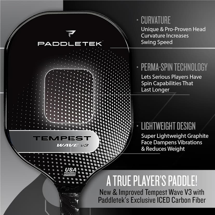 Paddletek Tempest Wave V3 Pickleball Paddle | Professional Pickleball Paddles with Polymer Honeycomb Core, ICED Carbon Fiber Surface, Tempest PolyCore & High Tack Performance Grip | USAPA Approved