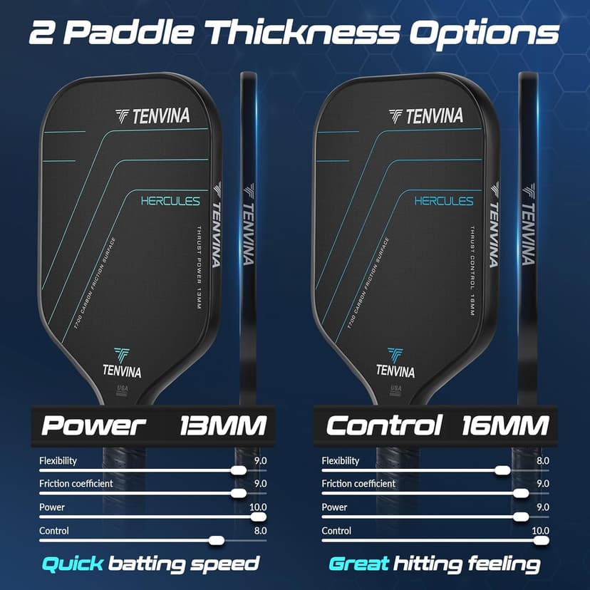 TENVINA Pickleball Paddles, Multi-Layer T700SC Textured Carbon Fiber Pickleball Paddle, 4-Types of Shapes and Thicknesses, USAPA Approved Pickle Ball Paddle, Strong Spin and Power Surface