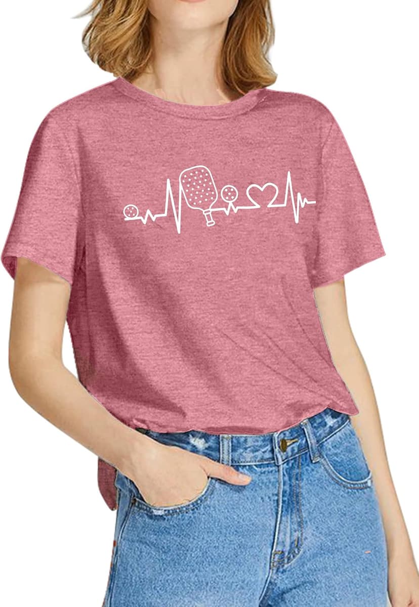 LAZYCHILD Pickleball Shirts Women Heartbeat Graphic T-Shirt for Pickleball Lover Gift Shirt