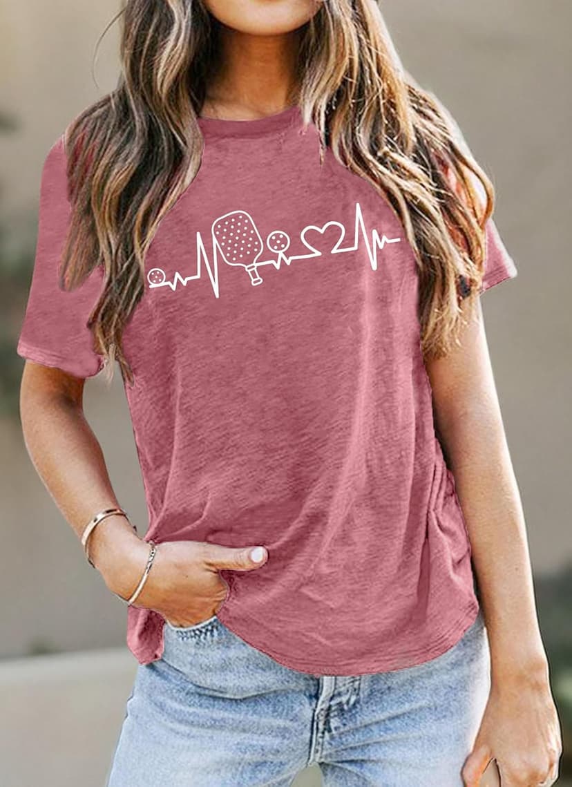 LAZYCHILD Pickleball Shirts Women Heartbeat Graphic T-Shirt for Pickleball Lover Gift Shirt
